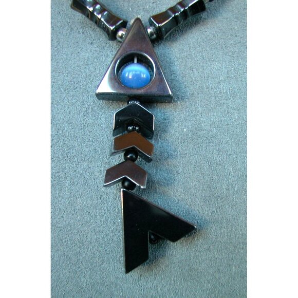 Hematite Necklace 16" With 2" Geometric Pendant Featuring Blue Accent Bead - Picture 4 of 5